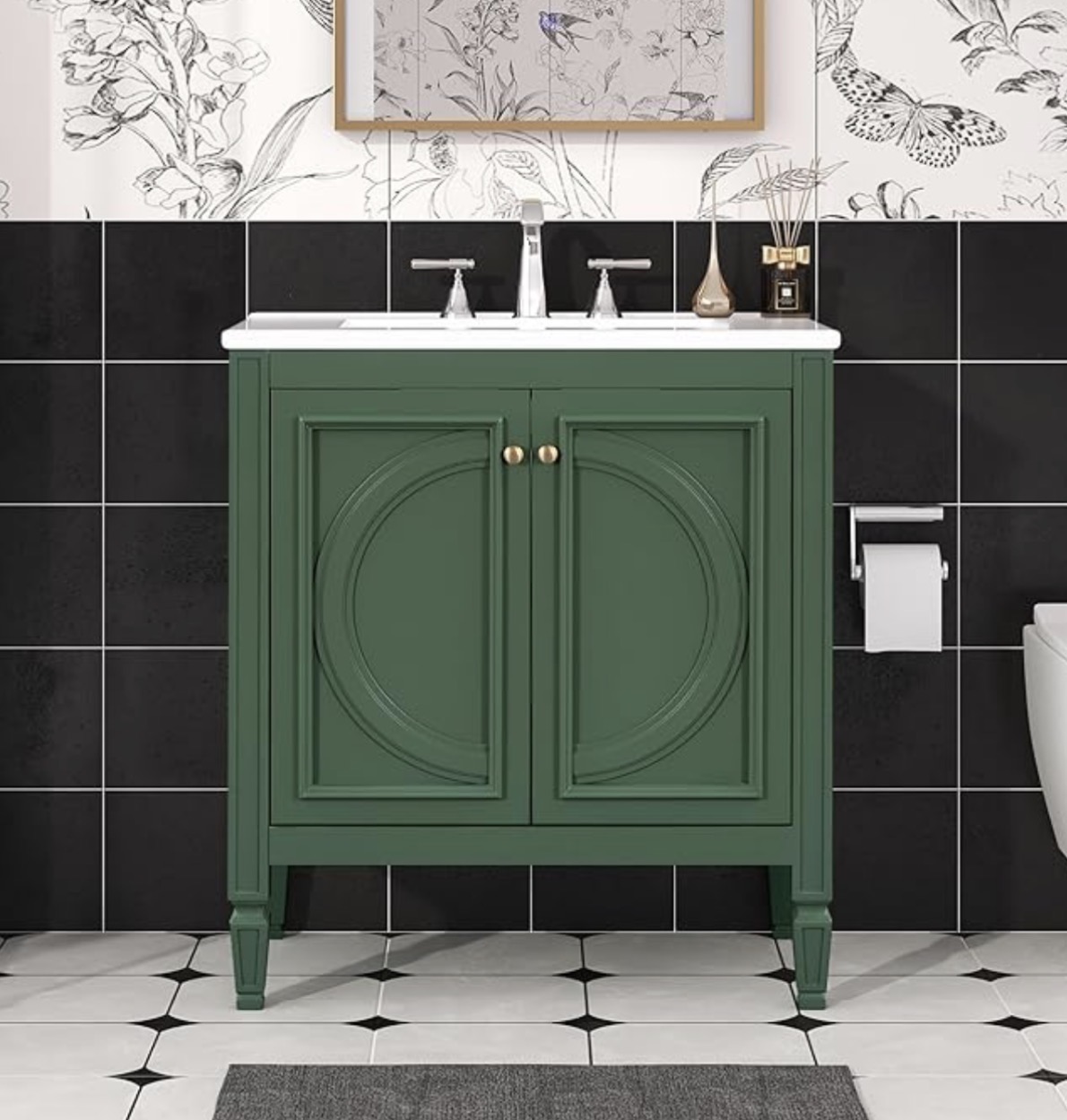 30 Inch Green Bathroom Vanity with Sink,Vintage Bathroom Sink Cabinet 30 Inch,Drop-In with Integrated Countertop,2 Storage Door Organizers & Sliding Tray,Adjustable Shelf,Soft Closing,Solid Wood Frame