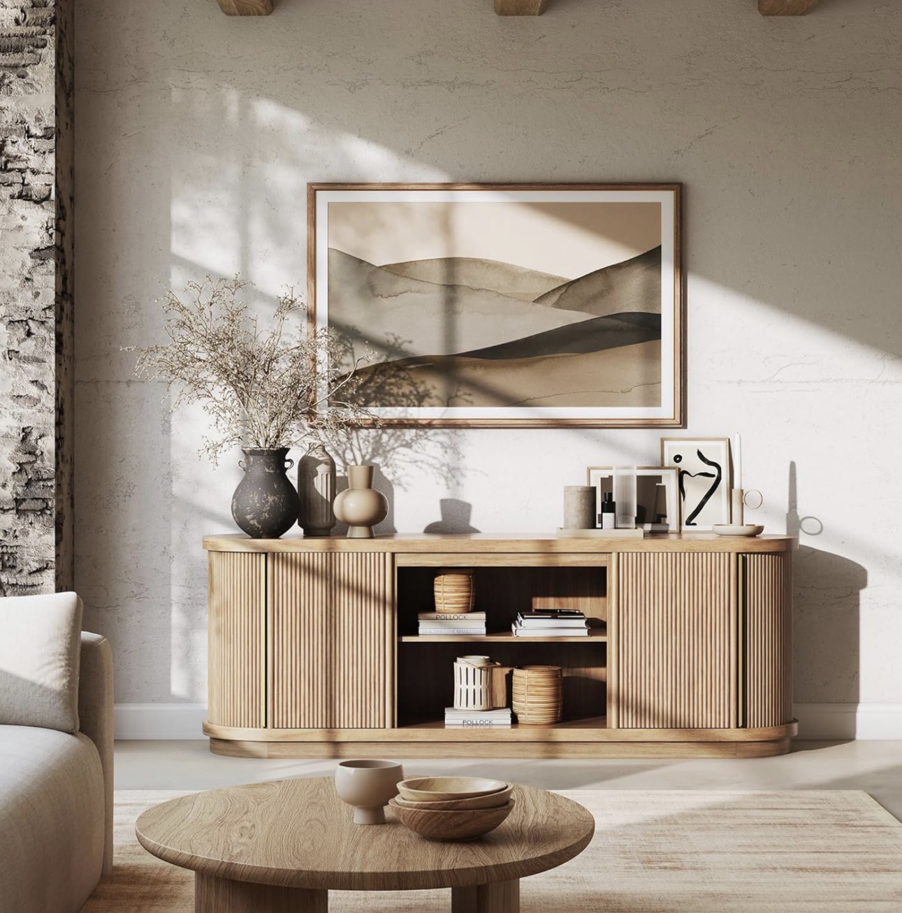 BELLEZE 67" Fluted TV Stand, Curved Entertainment Center with Sliding Tambour Doors, Media Console Table for TV up to 75" for Living Room (Camel)