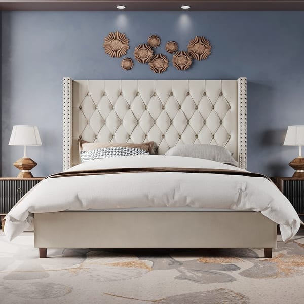 Velvet Upholstered Bed Frame King Size 61.4" Tall Headboard King Bed Frame/Deep Button Tufted/No Box Spring Needed