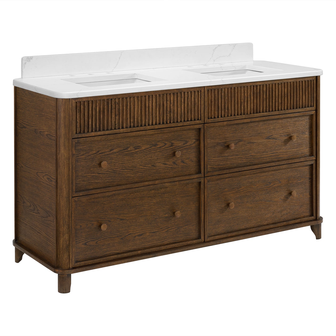Kathryne 60" Double Bathroom Vanity in Enhanced Brown Oak | Statuario Quartz Countertop