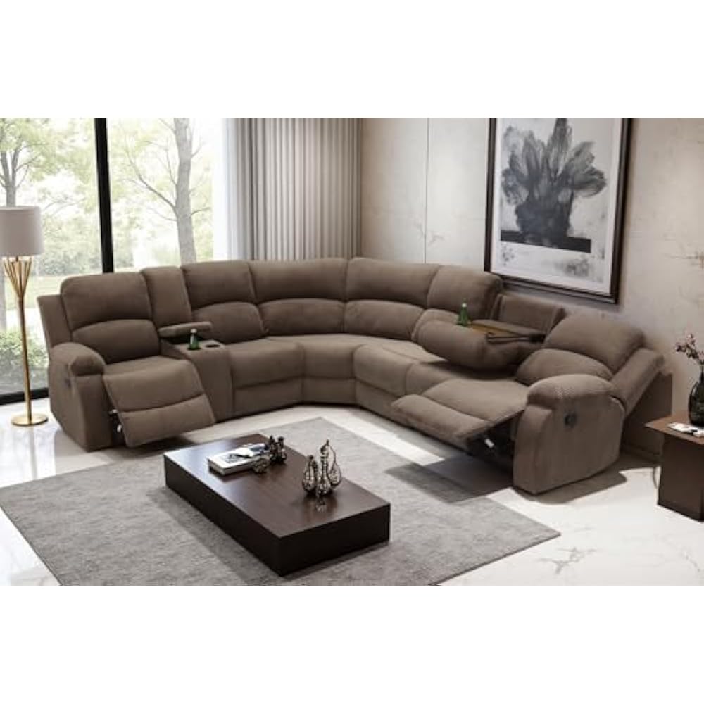 3-Piece Recliner Sofa Set, 6 Seat Sectional Couch with Cup Holders&Storage Console, Brown