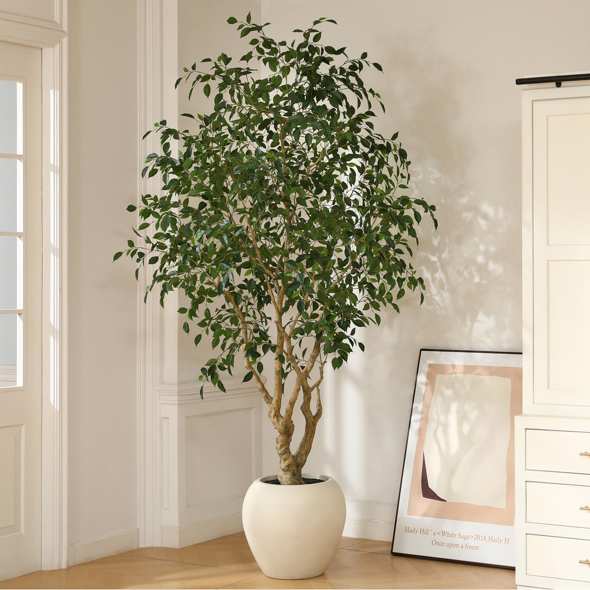 8ft Artificial Ficus Tree with 18in White Planter, Tall Faux Ficus Tree for Outdoor